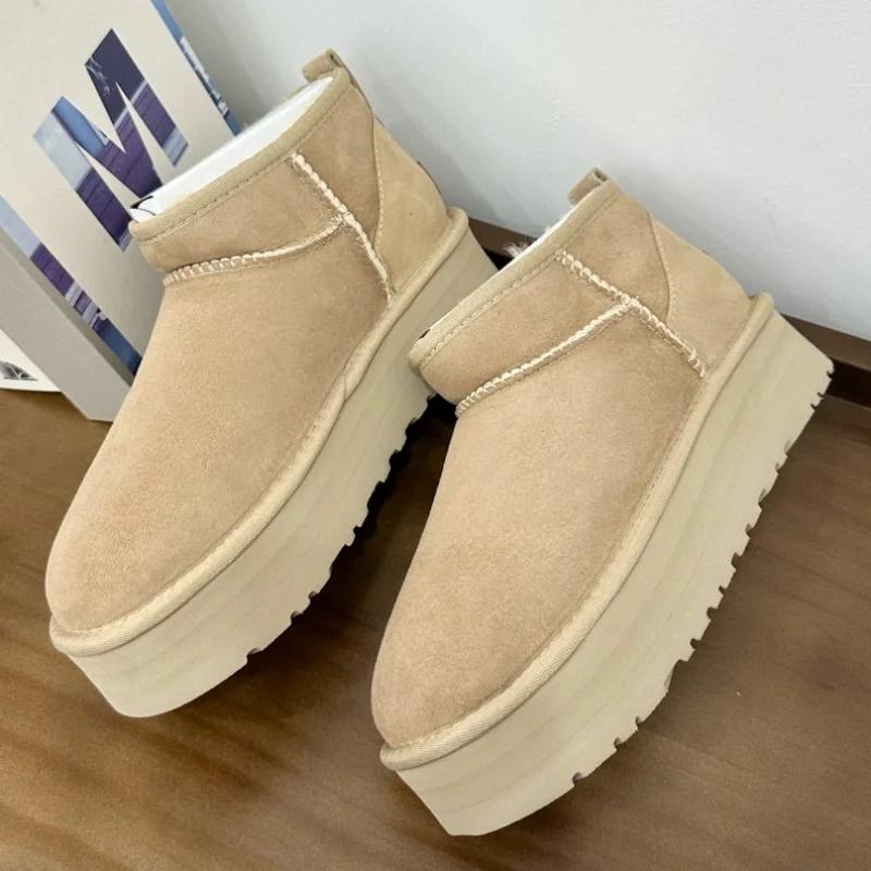 2027 New Design Winter Snow Boots Women Fur Warm Ultra Mini Platform Ankle Boots Genuine Leather High Heel Slippers Wool Shoes