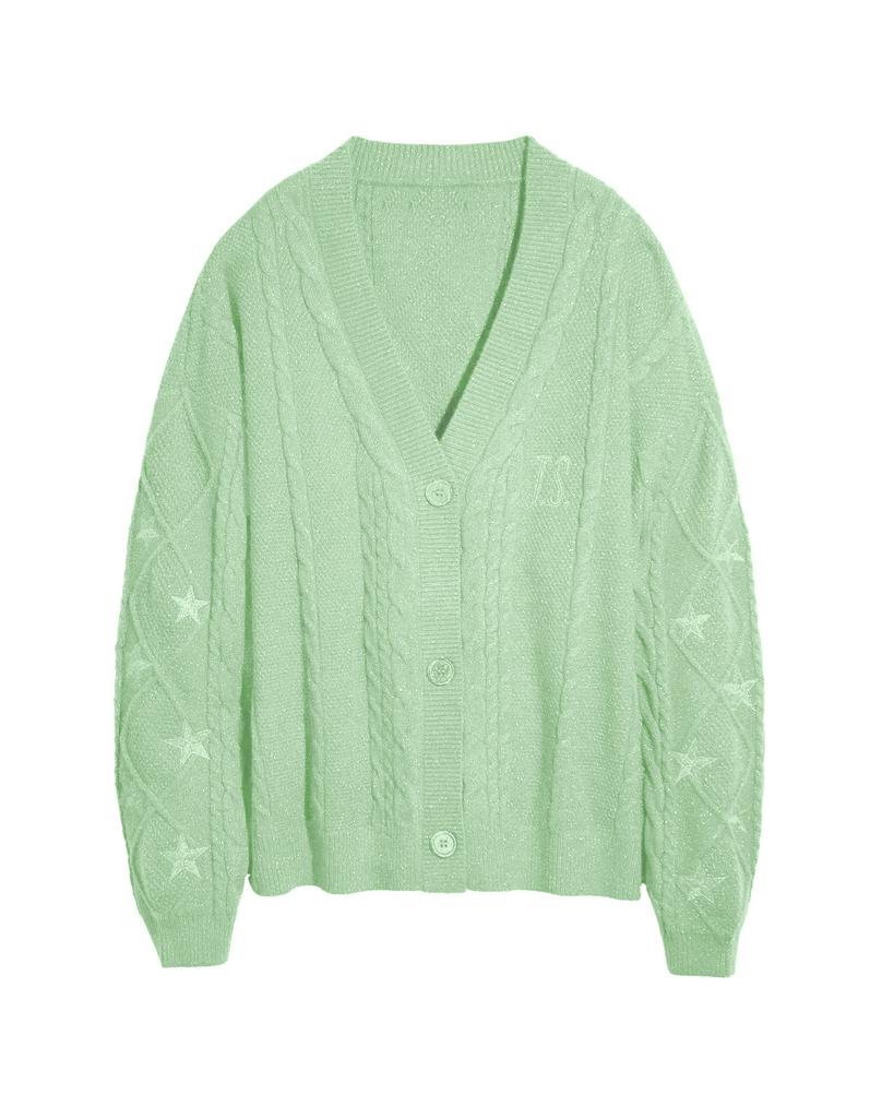 Title: Women's Orange Brown V-Neck Knit Cardigan with Twisted Cable Pattern