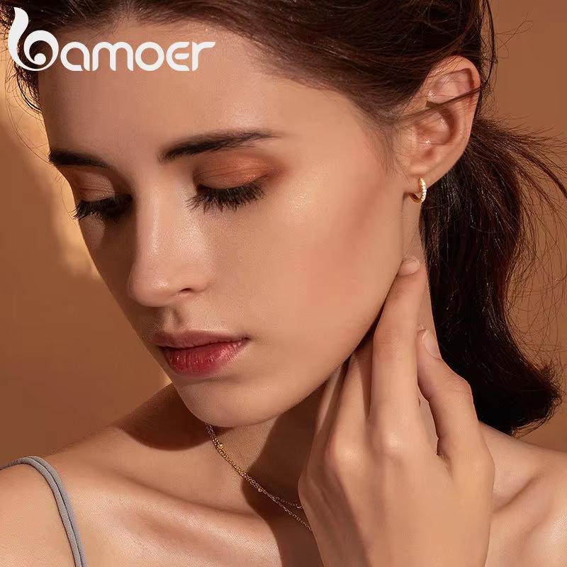 Bamoer 14K Gold Plated 925 Silver Cuff Earrings with Cubic Zircon, 10 Colors Huggie Stud for Women Girl SCE498