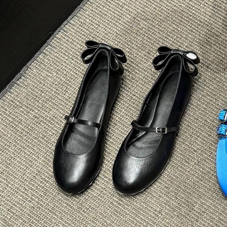 Leather French Back Bow Light Mouth Word with Mary Jane Single Shoes Women's Spring and Autumn New Ballet Flats