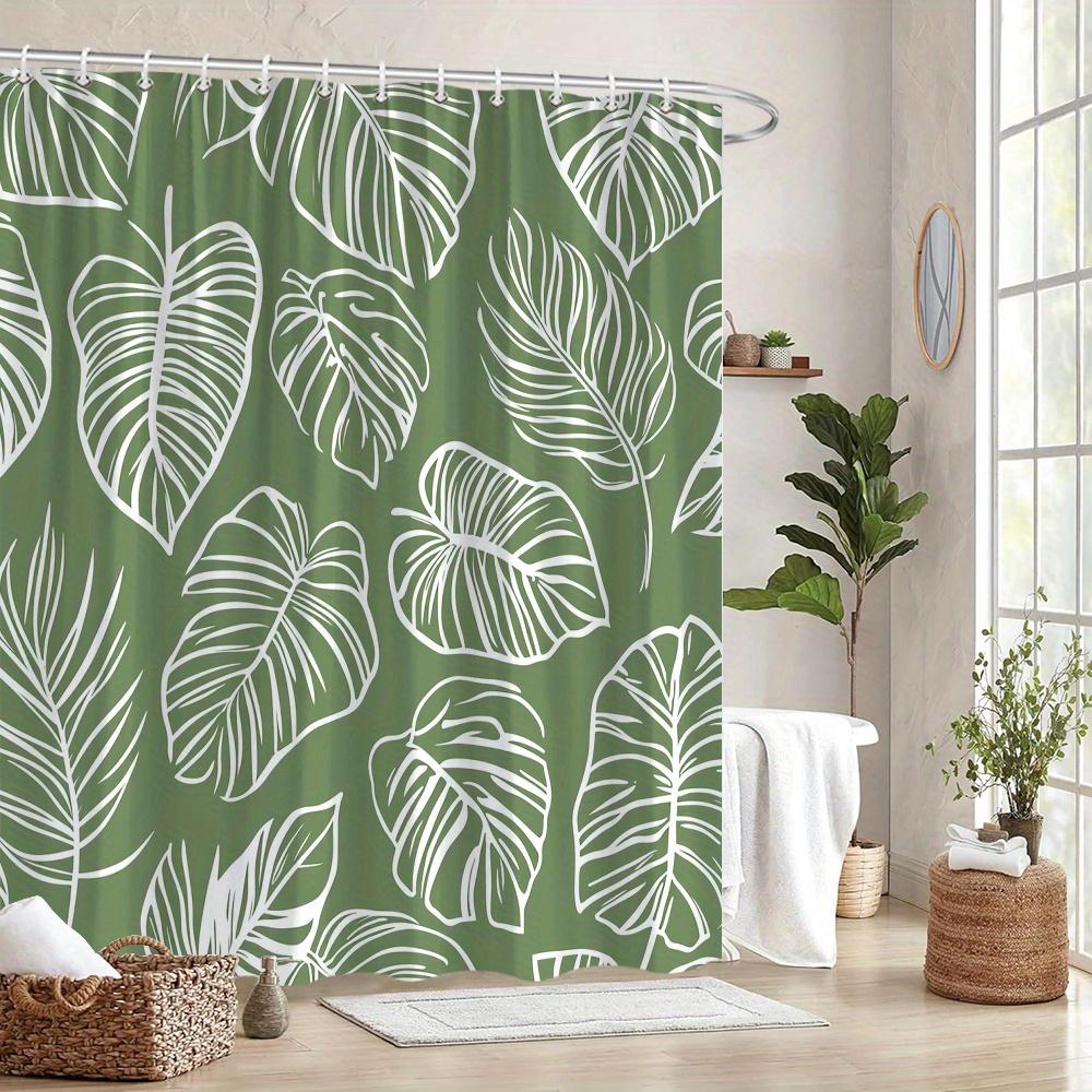 Tropical Leaves Shower Curtain 180x180cm – Olive Green Monstera Pilea Philodendron, Boho Minimalist Bathroom Decor, 12 Hooks