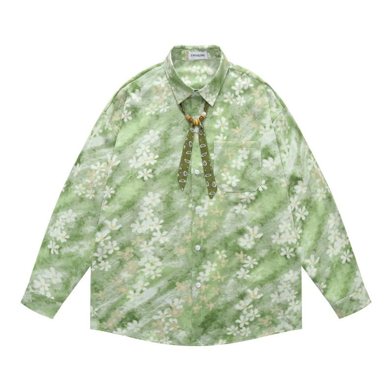 American Vintage Long Sleeve Shirt Green White Floral Print Loose Fit Casual Button Up Top Men Women