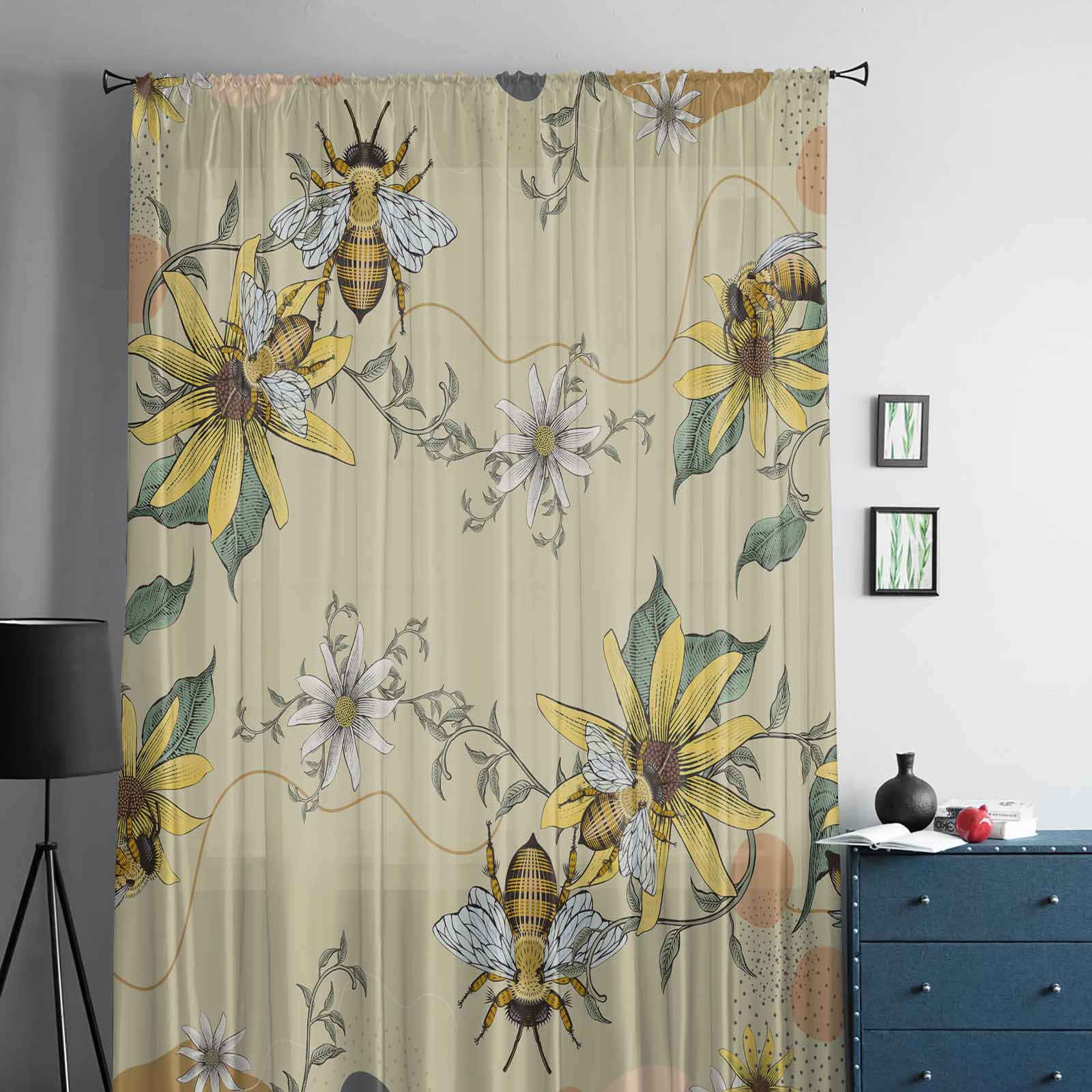 Тюлевые шторы с изображением пчелиного цветка и листа — фото 2