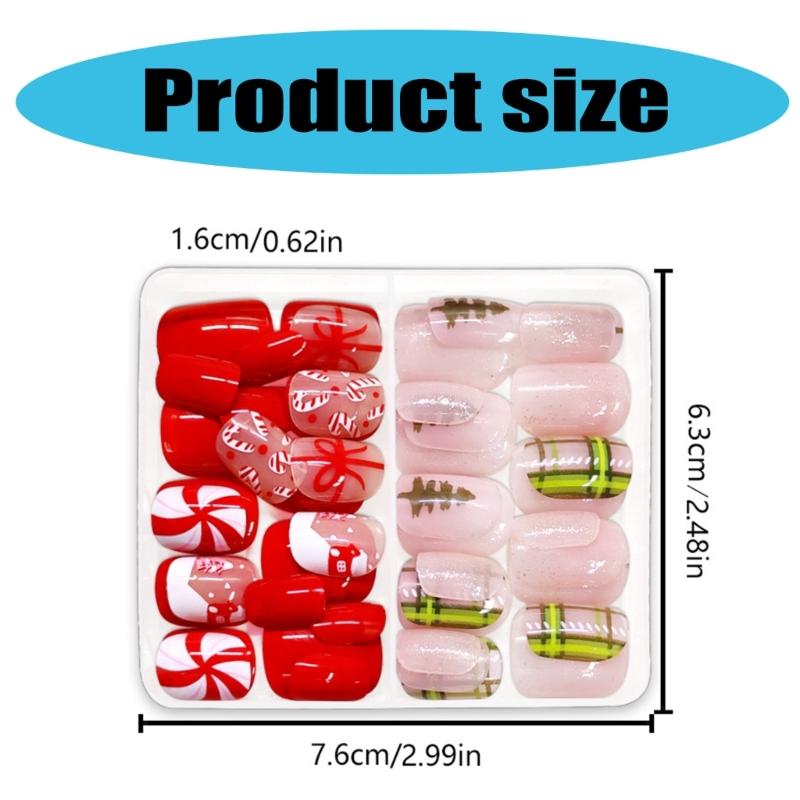 Short Square False Nails with Christmas Tree Christmas Press On Nails Stripes Full Cover Stick On Nails for Women Girls