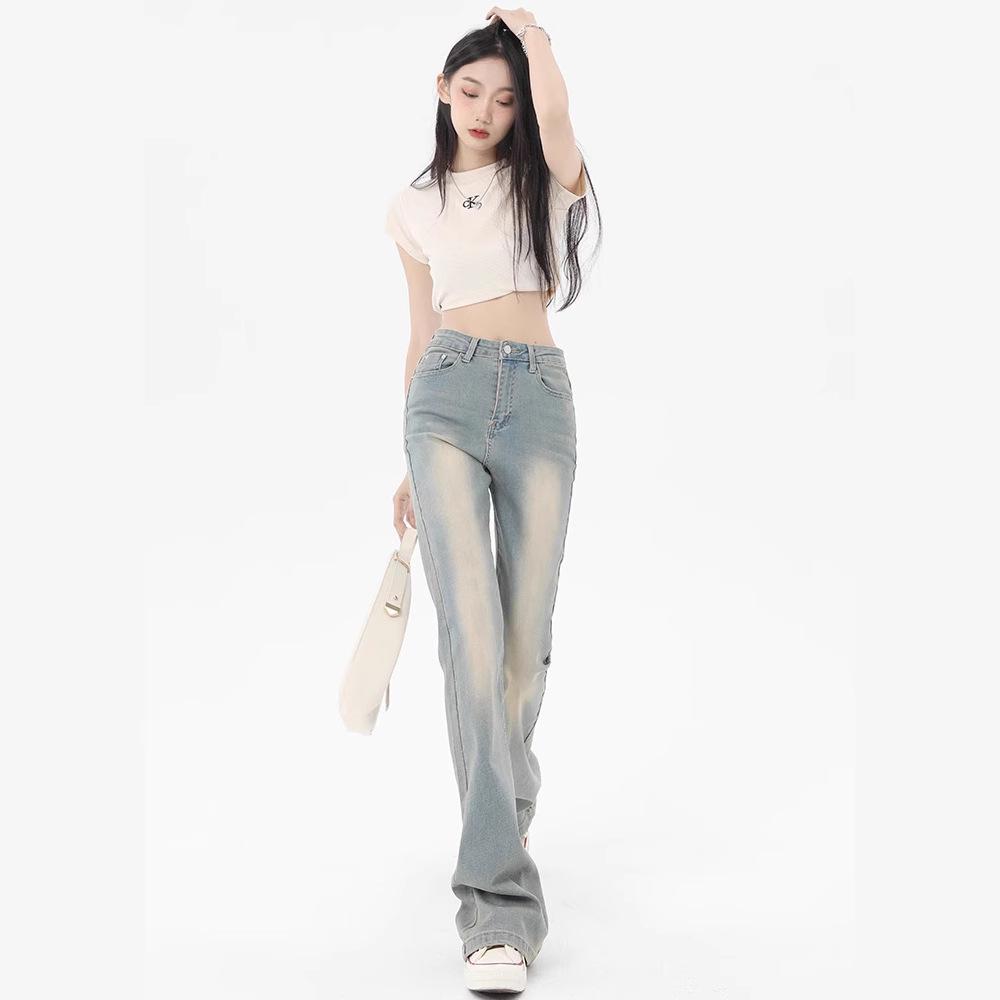 Mist Blue Women's 2024 Slim-Fit Micro-Flared Jeans – Retro Petite for Spring & Autumn