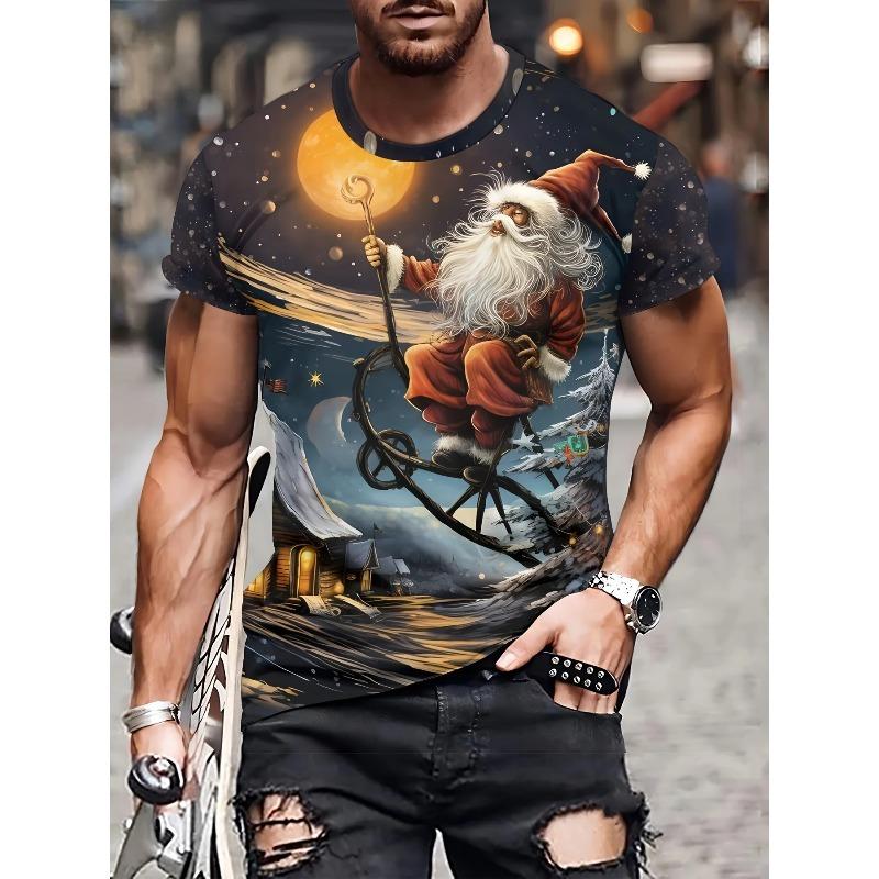 Christmas Men's Shirt, Snow Train Scene Printed T-shirt, Soft and Durable Fabric, Fashionable and Casual Christmas Clothing
