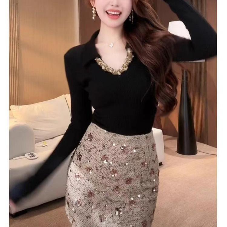 

Andy velvet, sweet Spice Girl, sexy wind lapel-neck knitted coffee-colored knitted sweater for women s autumn and winter waist One size