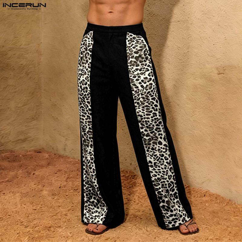 INCERUN Men's Leopard Print Patchwork Elastic Waist Trousers Streetwear Casual Wide Leg Loose Pants