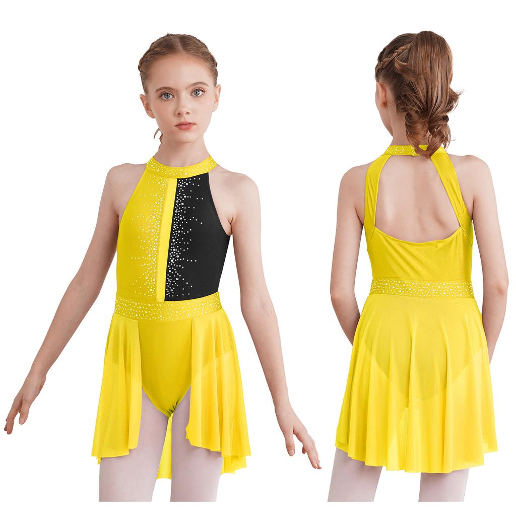 Kids Girls Sleeveless Shiny Rhinestone Decor Backless Leotard Dress for Lyrical Contemporary Dance