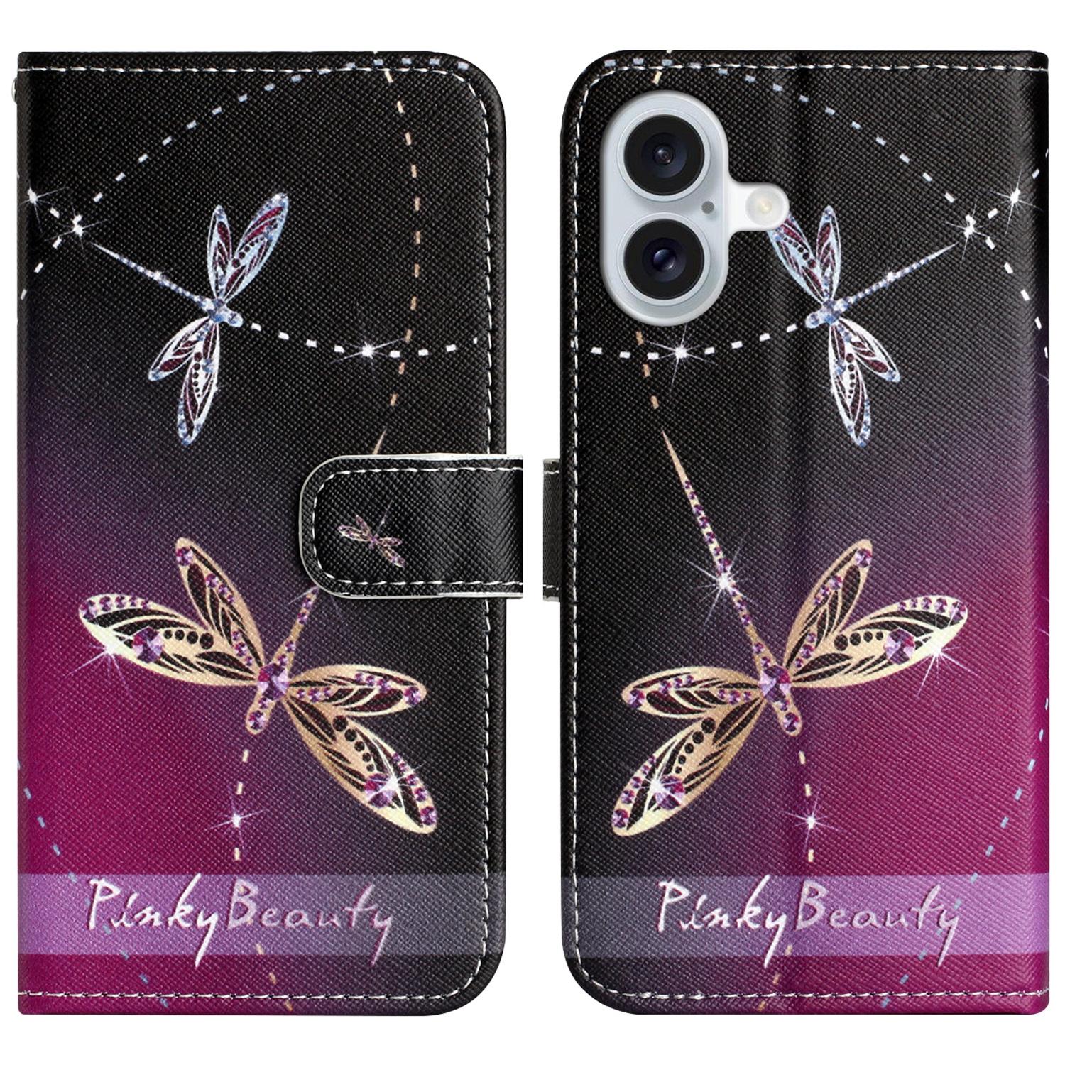 

For iPhone 16 Case Pattern Print PU Leather Wallet Phone Cover Cross Texture Dragonflies