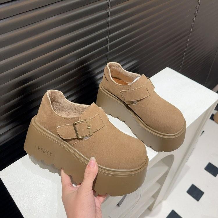 Height increasing thick soled Boken shoes for women 2026 new style big head versatile loafers with plush single shoes