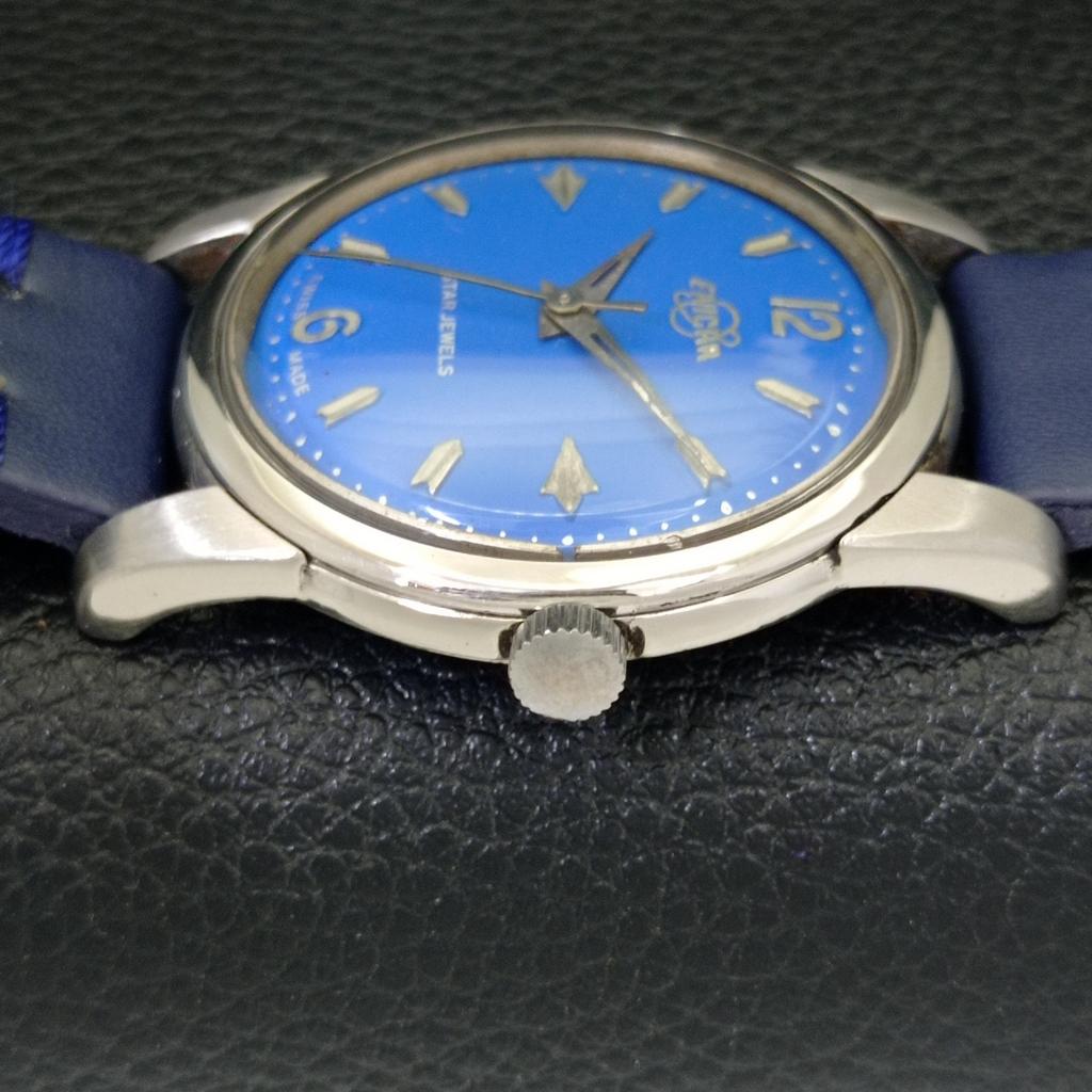 USED ENICAR STAR JEWELS HAND-WINDING SWISS MENS BLUE COLOR DIAL WATCH A431425-2 R107-a431425
