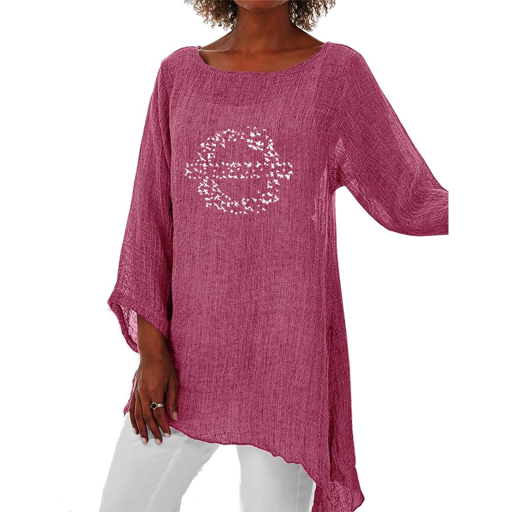 Dámské jaro a léto tenká dlouhá košile Dámské ležérní top Móda s 3/4 dlouhým rukávem Potisk Velké velikosti s kulatým límečkem Volná košile