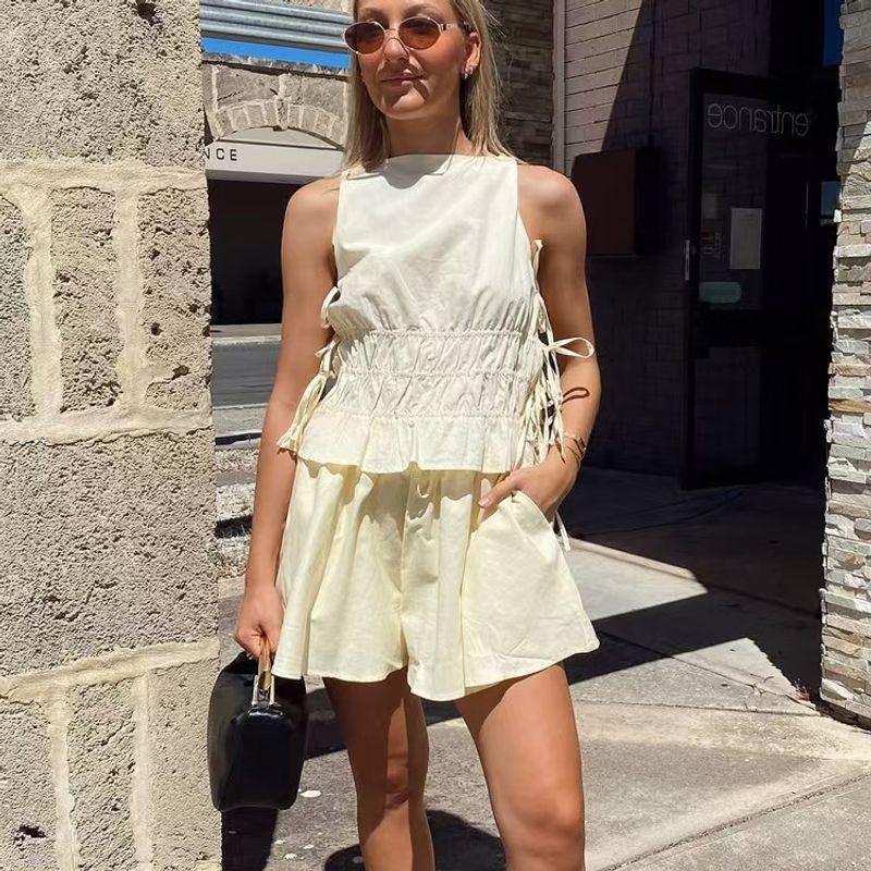 

Fashion Style New Arrival Fashion Pure Color Sleeveless Vest Tops Shorts Two-Piece Suit Vest and Shorts Set Yellow L
