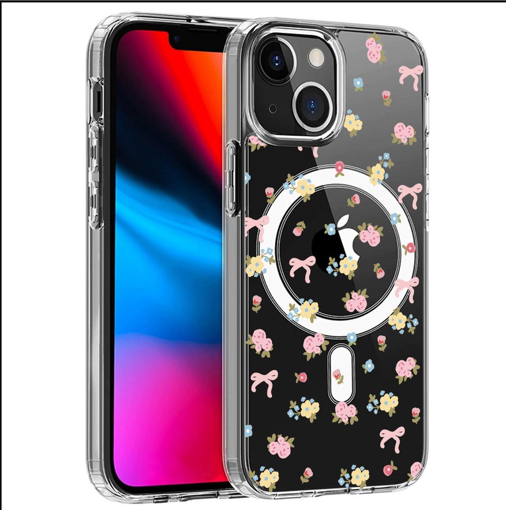 Yellow Crushed Flower Magnetic Case for iPhone 14/15/16/17Pro Max - Transparent and Full Coverage