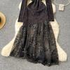 Women's Heavy Diamante Round Neck Long Sleeve Splicing Receiving Waist Sequins Mesh Irregular Dress