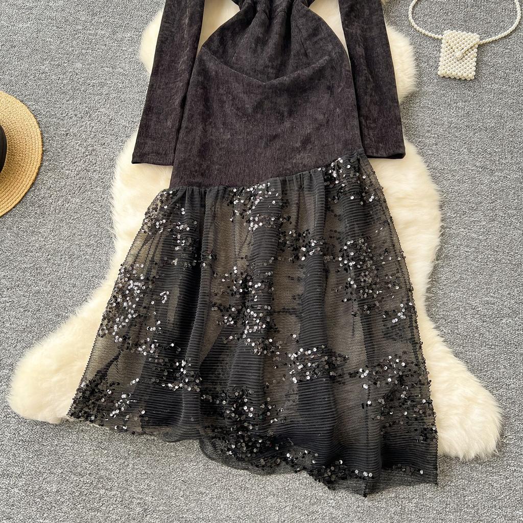 Women's Heavy Diamante Round Neck Long Sleeve Splicing Receiving Waist Sequins Mesh Irregular Dress