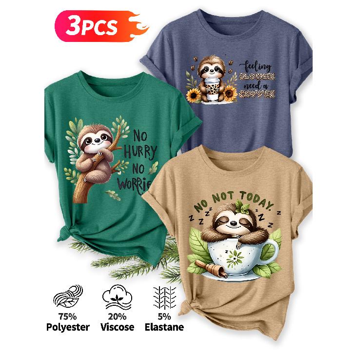 2026 3 Pack Sloth Print Round Neck Women Short Sleeve T Shirts Elegant Casual Holiday Spring Summer Tops