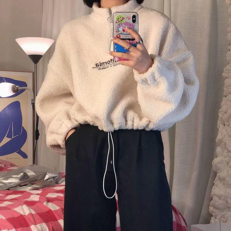 Women Stand Neck Cropped Hoodies Autumn Letter Embroidery Long Sleeve Drawstring Sweatshirt Elegant Plush  Tops
