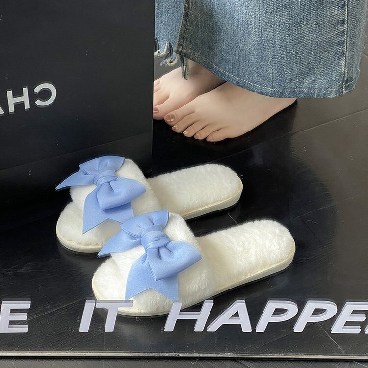 2025 Autumn and Winter Girl's Heart Bow Fluffy Slippers Women's Home Non-slip Cute Gentle Cotton Slippers