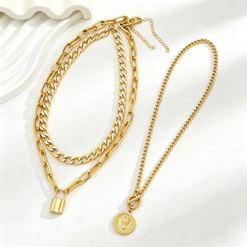 Luxury Style Womens Necklace Set 3-layer Round Pendant OT Clasp Fashion Jewelry
