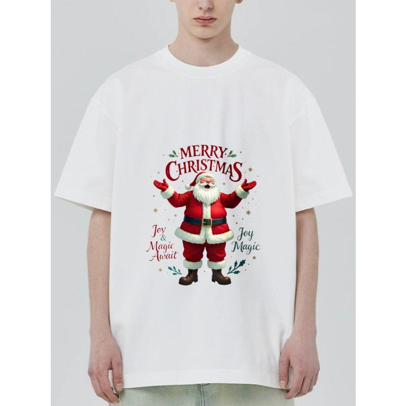Christmas T-Shirt Black Santa Claus Merry Christmas Joy and Magic Await Holiday Party Wear