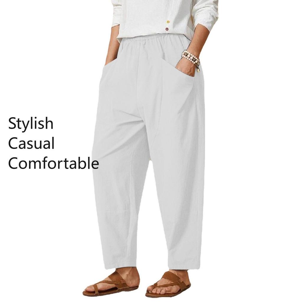 Women's Cotton Linen Pants Sweatpants Trousers Elastic Waist Wide Leg Baggy Yoga Pants