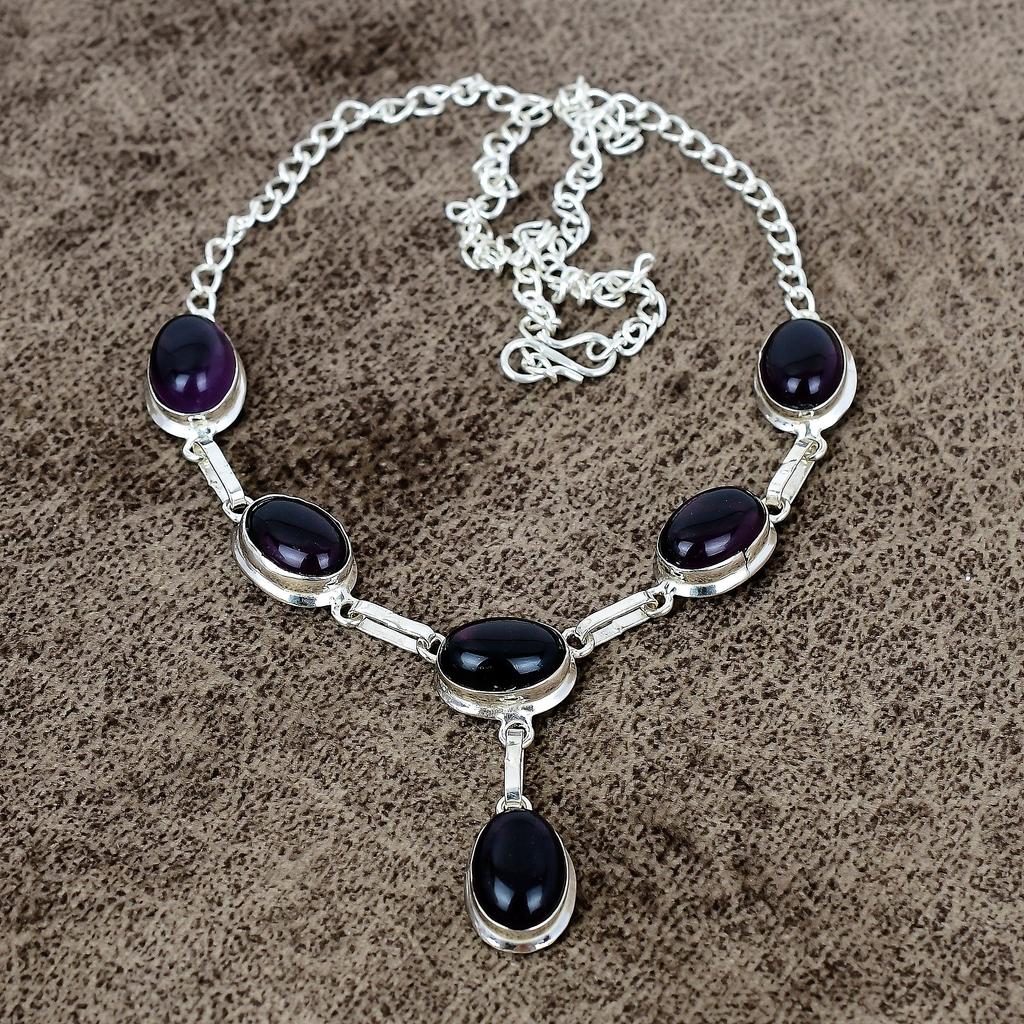 Black Onyx Gemstone Handmade 925 Sterling Silver Jewelry Necklace 18" KKG-409