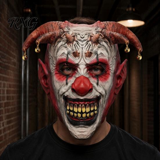 Scary Halloween Clown Mask Devil Horns Mask, with Bell Decor, Breathable Comfortable Costume Accessories for Latex Headgear, Adult Cosplay Props