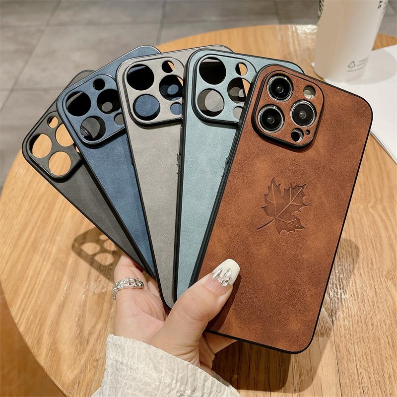 Luxury Matte Soft Suede Leather Maple Leaf Pattern Case For iPhone 15 14 Plus 13 11 12 Pro X XS Max XR Shockproof Silicone Cover