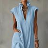 Women Stand Collar Sleeveless Dress Deep V Neck Side Slit Tunic Dress Casual Vacation Long Dress with Pockets
