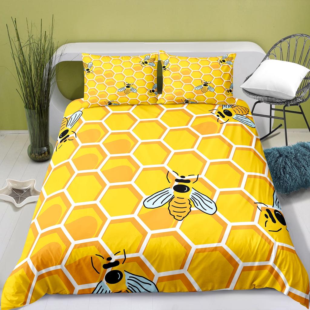 Be Quen Sized Dimensions Soft Duvet Cover Set, Bumble Bes Producing Honey By Filing Honeycombs Cels Themed Graphic Image Print, Soft Warm