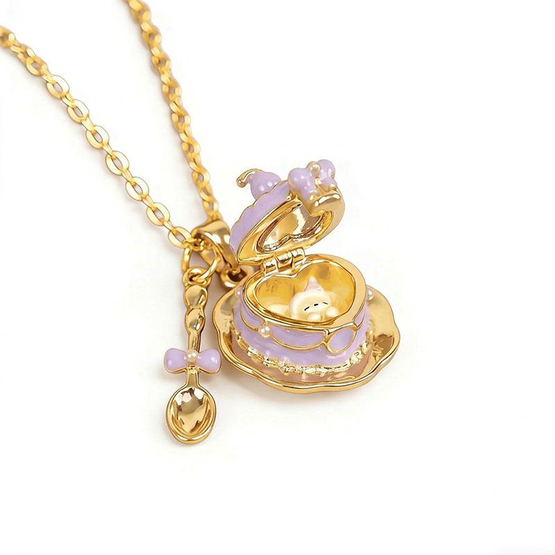 New Fashion Enamel Cup Teaspoon Box Open Pendant Necklace Sweet Clavicle Chain For Women Girls Birthday Gift Jewelry