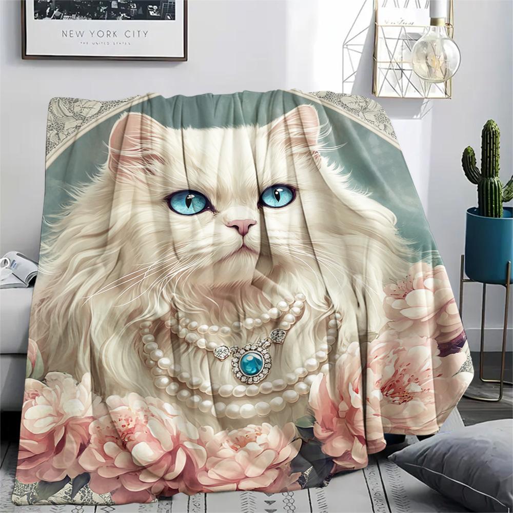 Weiße Katzen-Print Flanelldecke, Hohe Qualität, Bequem für alle Jahreszeiten, Heimdekoration, Wärme und Komfort, Perfekt für Weihnachtsgeschenke