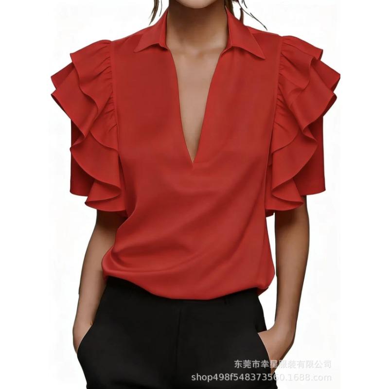 Women S Short Sleeve V Neck Ruffle Shirt Summer Casual S красный