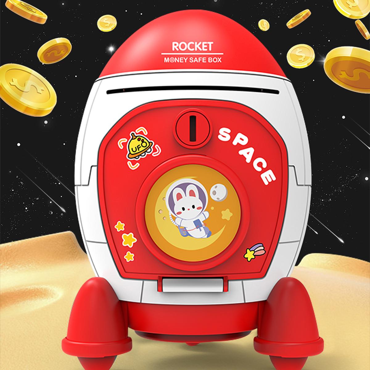 Tirelire Jouets, Vaisseau Spatial Fusée Grande Capacité Déverrouillage par Clé Jouet Puzzle 3 Couleurs au Choix, Cadeaux pour Garçons et Filles de 3+ ans rouge