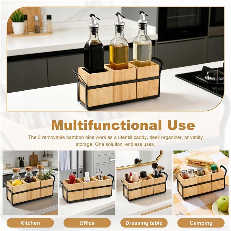 SHGO-Bamboo For Countertop Kitchen Utensil Holder 3-Compartments Organizer For Cooking Tools, Silverware, And Spatulas