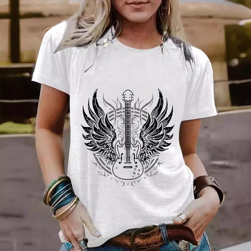 Summer Guitar Pattern Pure Cotton Round Neck Short Sleeved Casual Fashion Top T-Shirts Women’s