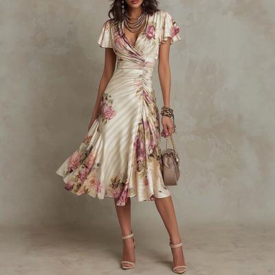 Blumenprint V-Ausschnitt Kurzarm Midi-Kleid Raffung Wickelstil Elegantes Partykleid mit Volant Saum