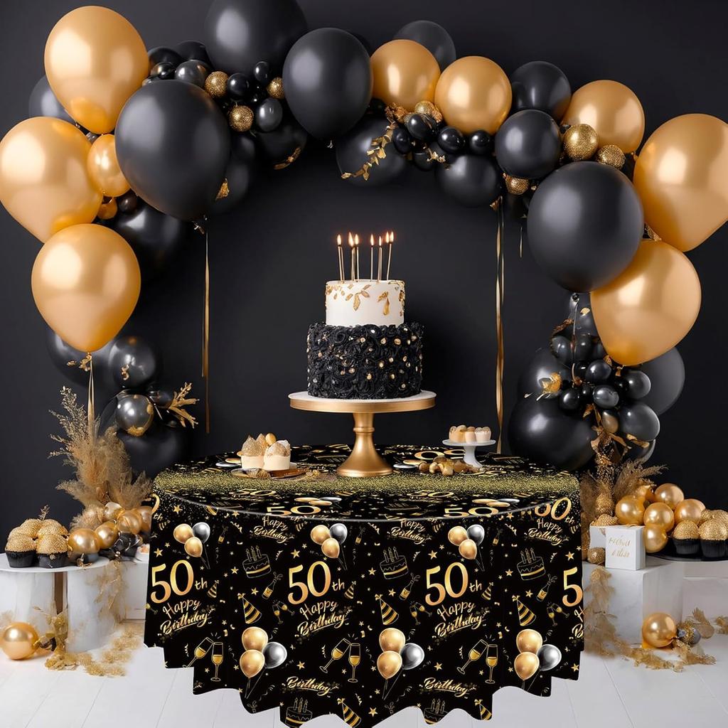 Oudain 3 Pack 50th/70th/80th Round Birthday Tablecloth Black and Gold Happy Birthday Party Decorations 84 inch Disposable Plastic Table Cover