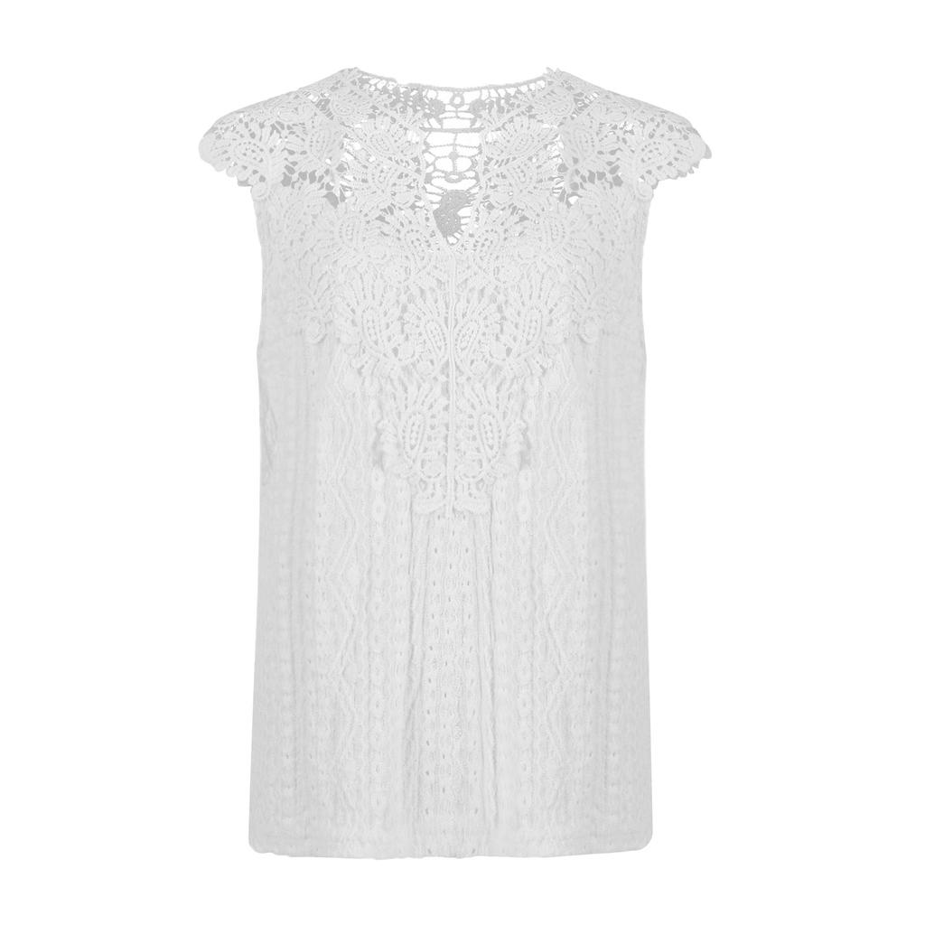 Stylish And Sexy Women's New V-neck Hollow Lace Solid Color Splicing Pullover Sleeveless T-shirt