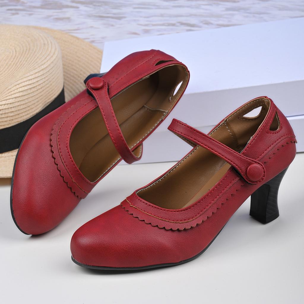 New women's retro Mary Jane high heels large size thick heel lace round head high heels single shoes