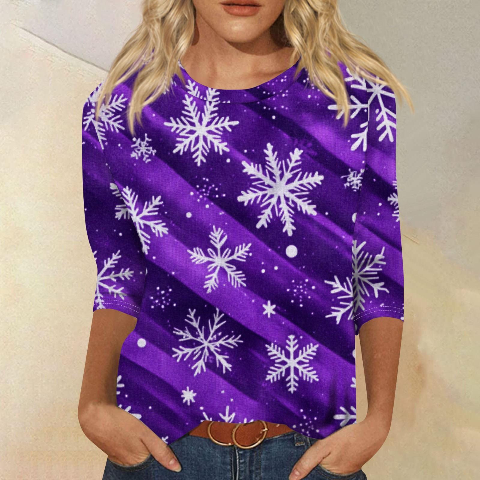 

Женская мода повседневная рубашка с круглым вырезом и рождественским принтом, семь рукавов XXL фиолетовый