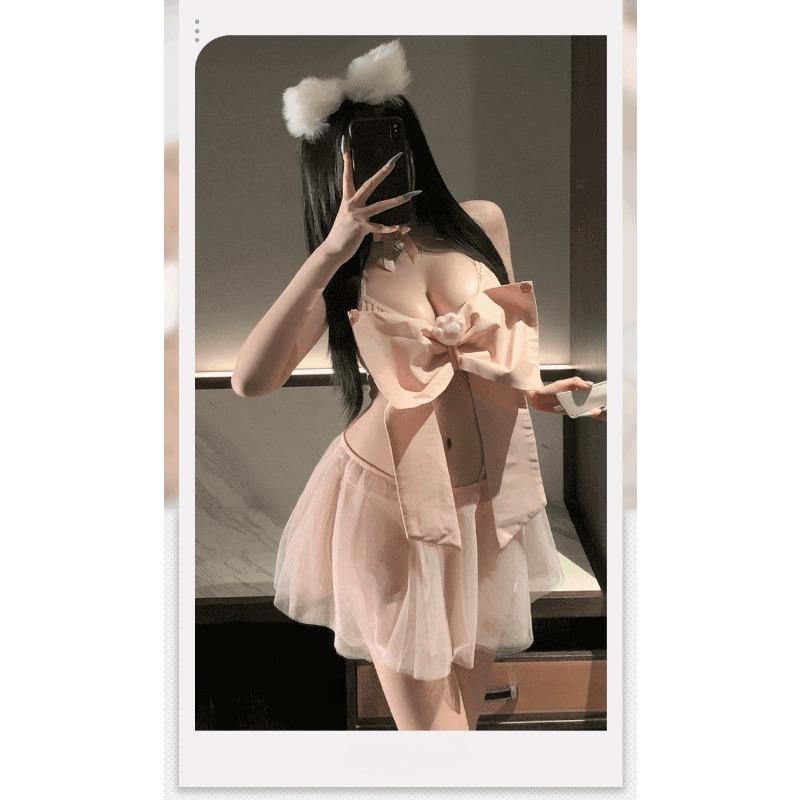 Ladies' Sexy Lingerie Sexy Bow Hollow Out Exposed Breast No Shedding Hanging Neck Strap Mesh Midnight Charm Hot Set