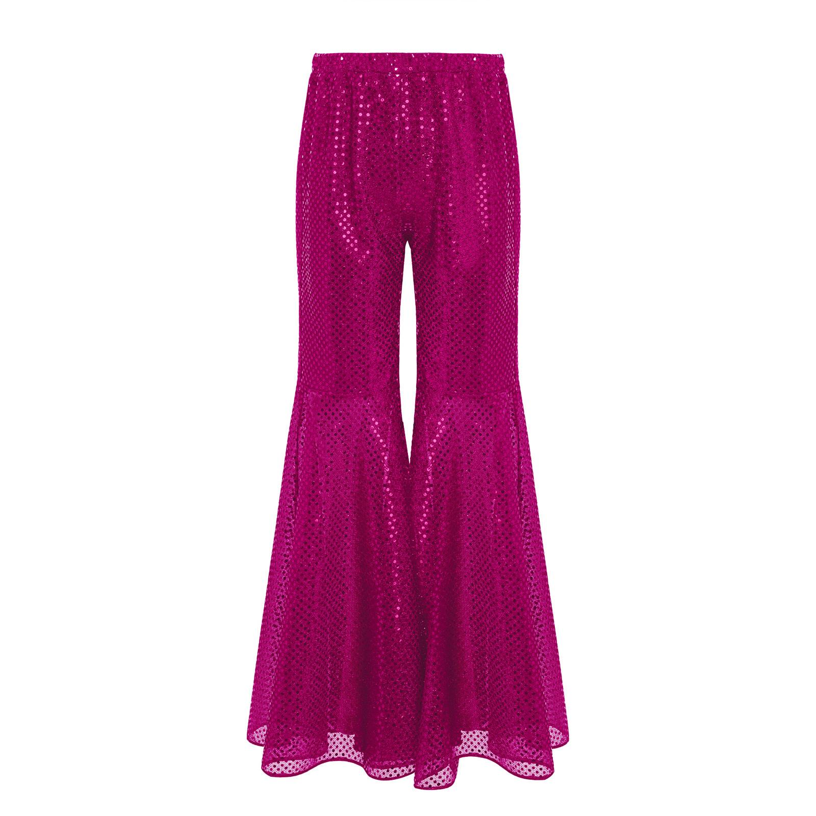 

Girls Hip Hop Jazz Dance Costume Shiny Sequins Flared Pants Elastic Waistband Bell Bottom Trousers 9-10 Years гарячі рожевого кольору