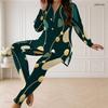 Women Plus Size Black Printed Front Zip Long Sleeve Top And Fitted Pants Two Piece Set