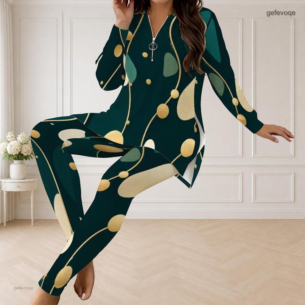Women Plus Size Black Printed Front Zip Long Sleeve Top And Fitted Pants Two Piece Set