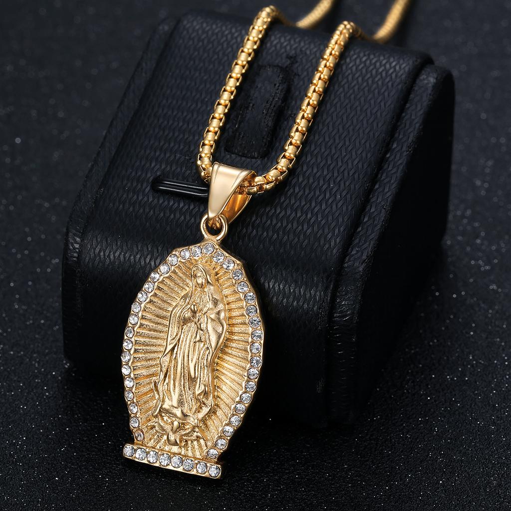 Fashion Stainless Steel Virgin Mary Pendant Necklace for Women Men Gold Plated Clavicle Chain Hip Hop Jewelry