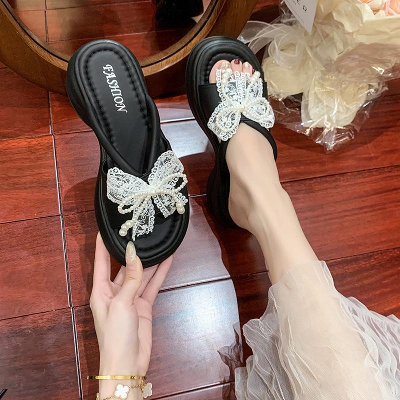High-heeled slippers thick-heeled French pearl half slippers 2025 new summer lazy one-pedal cool slippers women's shoes