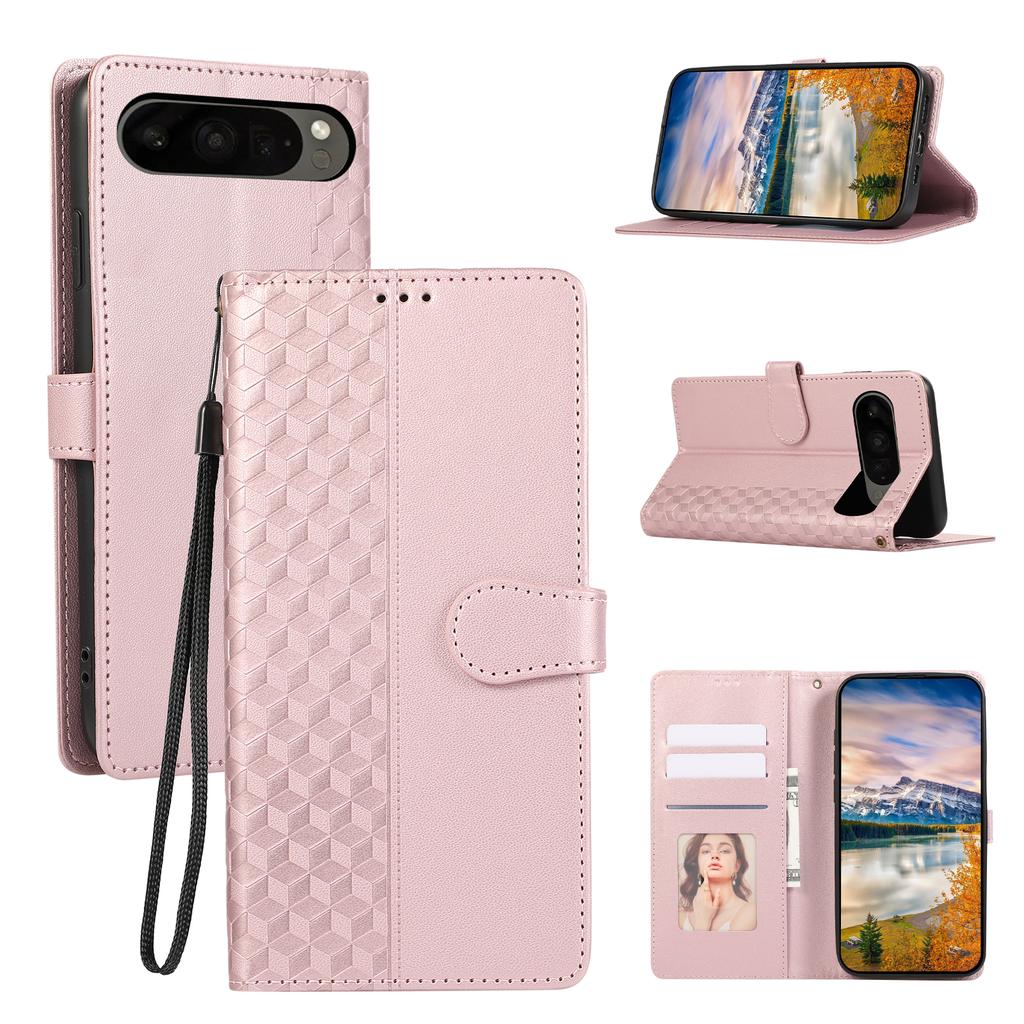 Skórzane etui na Google Pixel 10 Pro/10/9 Pro/9 z wytłaczaną siatką rombów 3D, portfelowe, z zawieszką